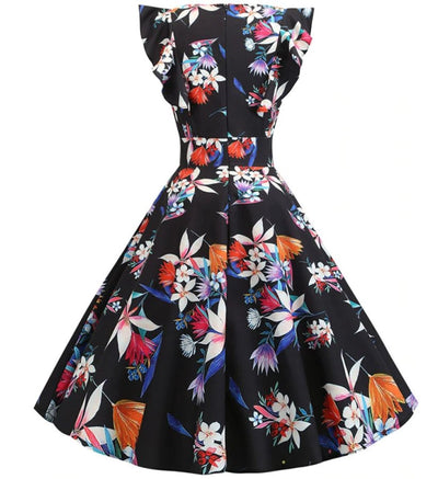 Vintage Elegant Retro Svart Blomsterkjole