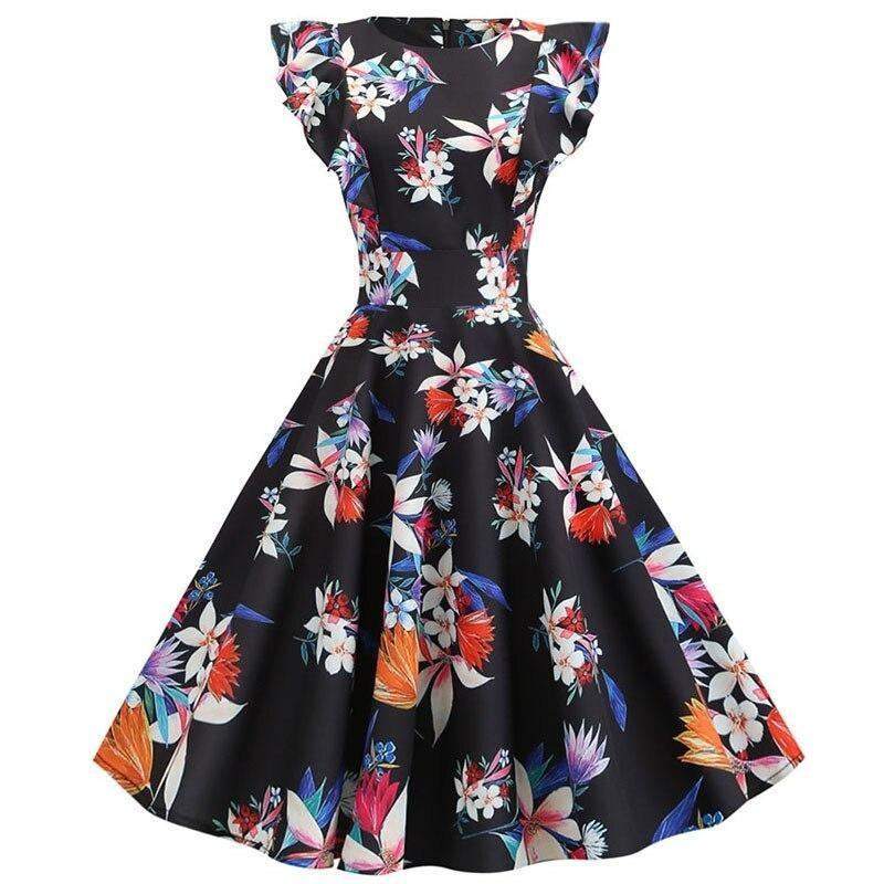 Vintage Elegant Retro Svart Blomsterkjole