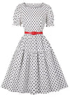 Vintage Rund Hals Hvit Polka Dot Kjole