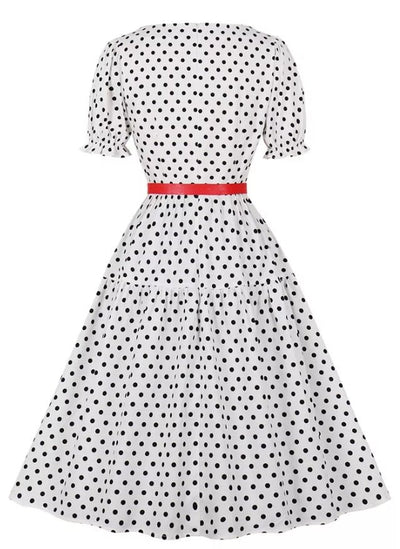 Vintage Rund Hals Hvit Polka Dot Kjole