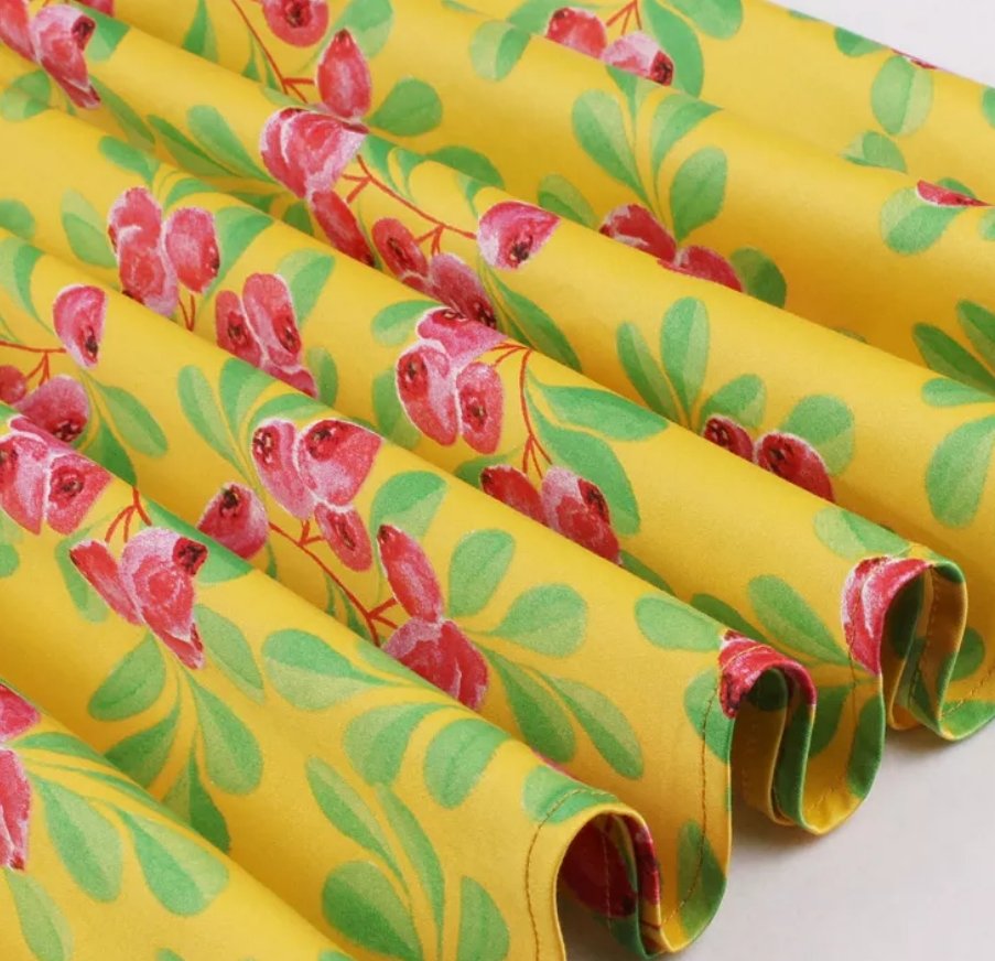 Vintage Gul Rund Hals Blomsterkjole