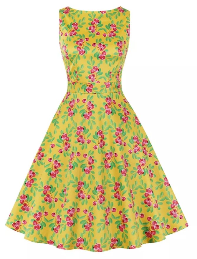 Vintage Gul Rund Hals Blomsterkjole