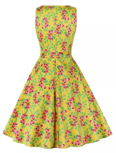 Vintage Gul Rund Hals Blomsterkjole