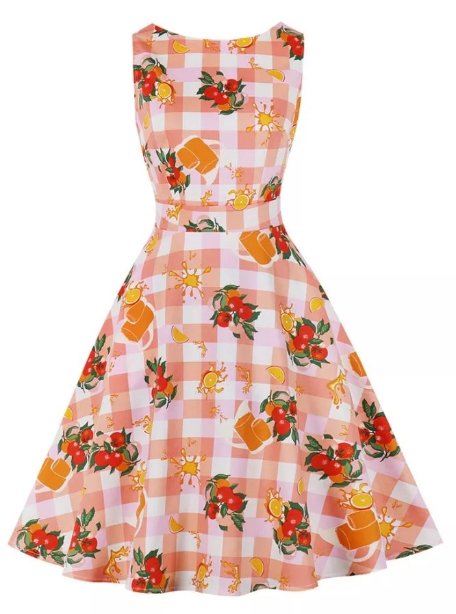 Vintage Rund Hals Rosa Blomster Kjole