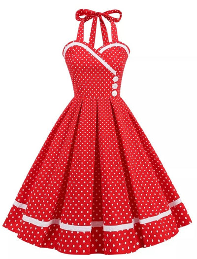 Vintage Rød Rund Hals Prikket Kjole