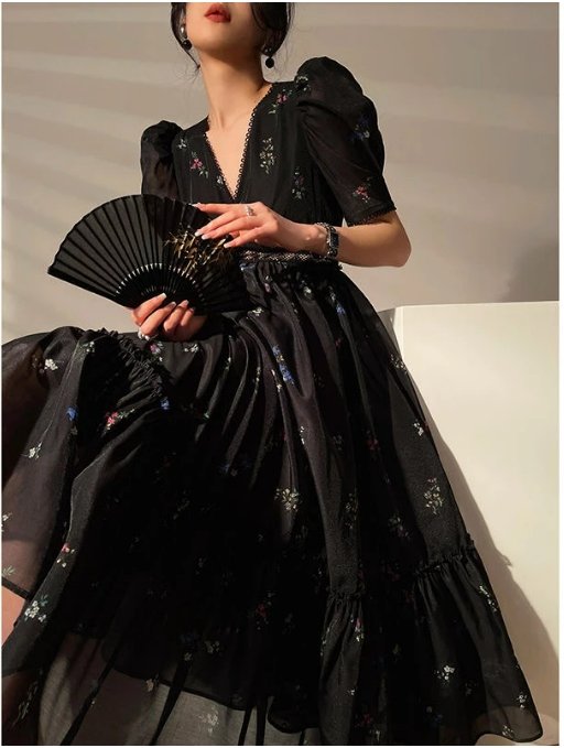 Vintage Svart V-Hals Kjole