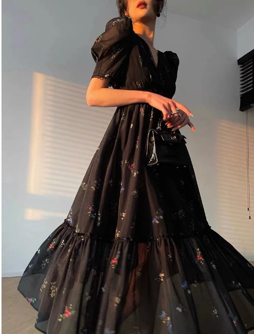 Vintage Svart V-Hals Kjole