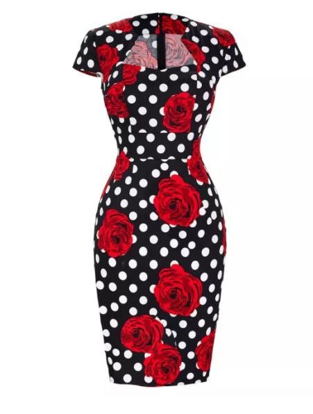 Vintage Svart Polka Dot Pencil Dress