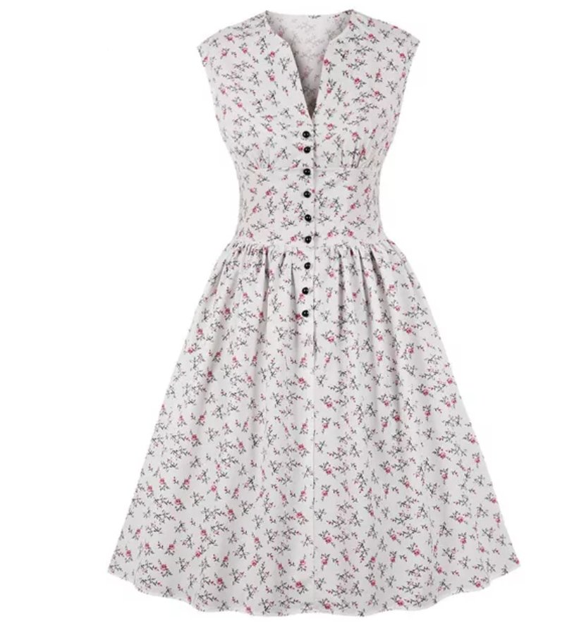 Vintage Kjole Stor Størrelse 50-Talls Hvite Blomster