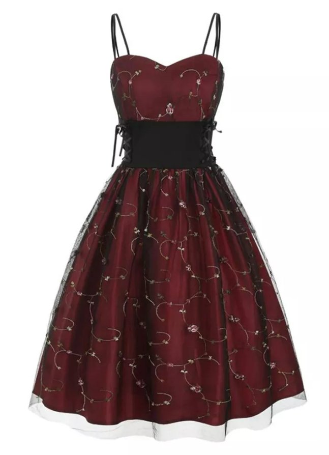 Vintage Plus Size Høy Midje Kjole Burgundy