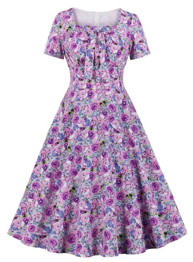 Vintage Plus Size Høy Midje Kjole Lilla