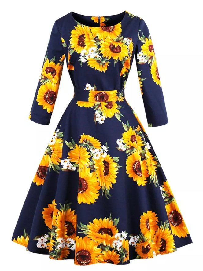 Vintage Plus Size Langermet Blå Kjole