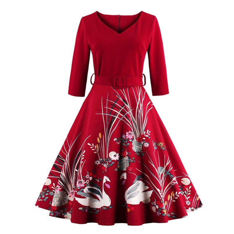 Vintage Plus Size Langermet Rød Kjole