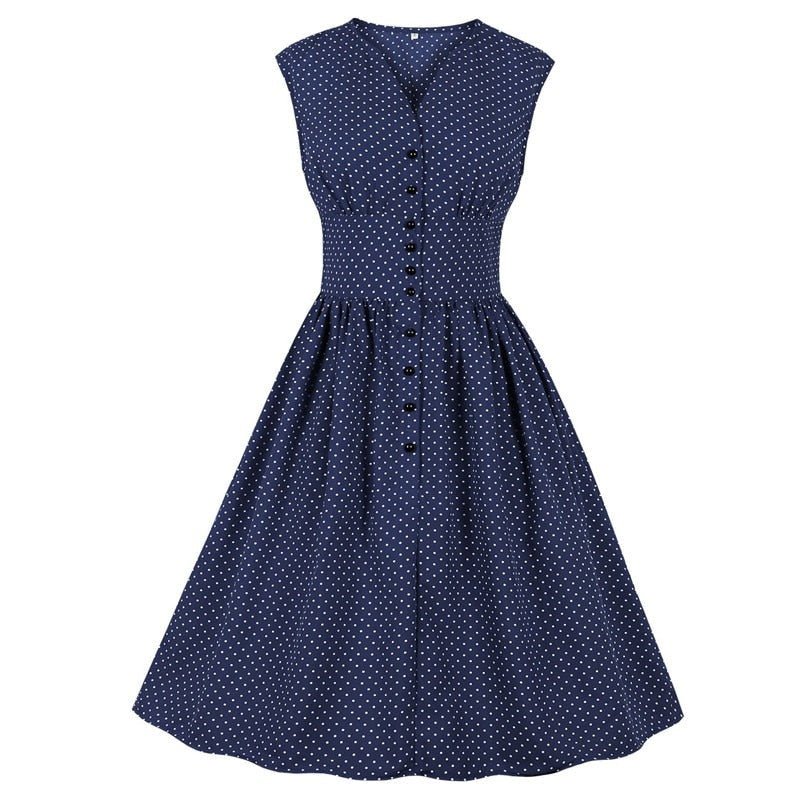 Vintage Plus Size Blå Prikkete Kjole