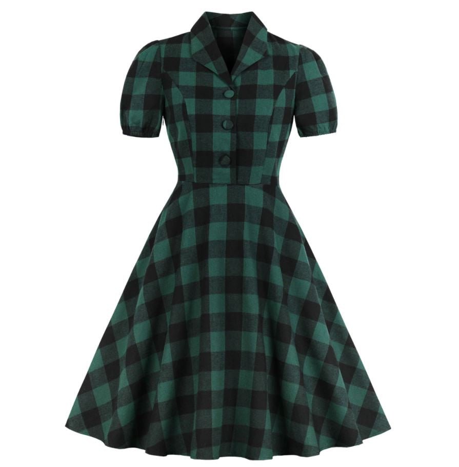 Vintage Plus Size Grønn Rutete Kjole