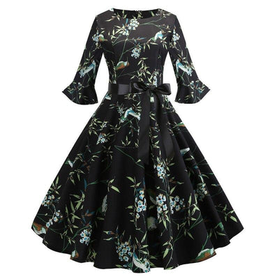 Vintage Svart Vinterblomster Kjole