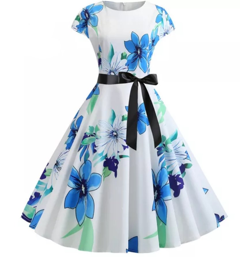 Vintage Hvit Pin Up Kjole Blomster