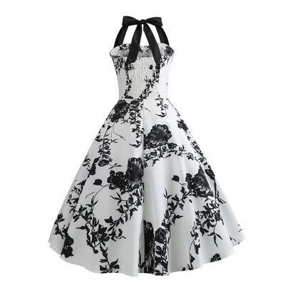 Vintage Pin-Up Kjole Svarte Blomster