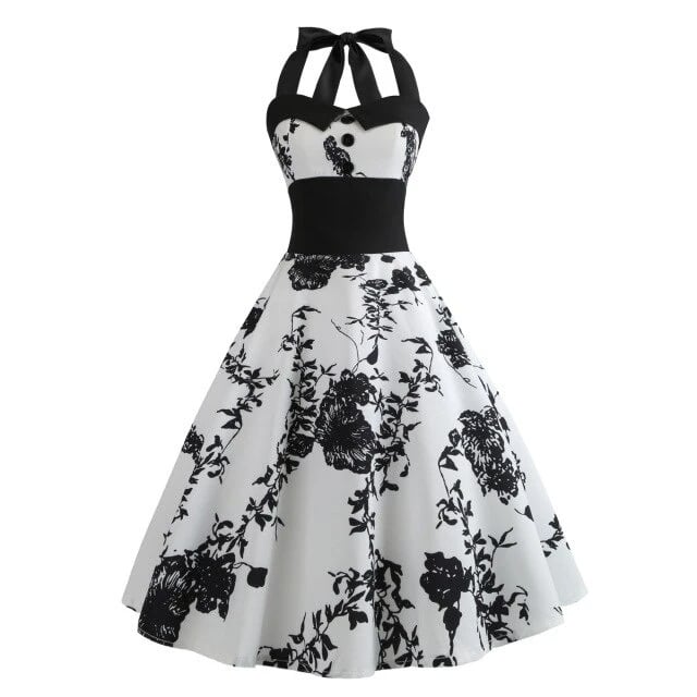 Vintage Pin-Up Kjole Svarte Blomster