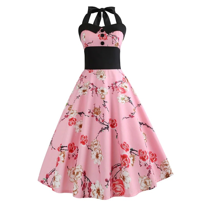 Vintage Rosa Pin-Up Kjole Med Blomster