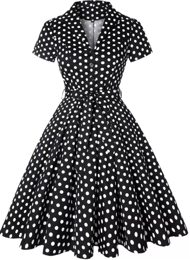 Vintage Svart Polka Dot Pin Up Kjole