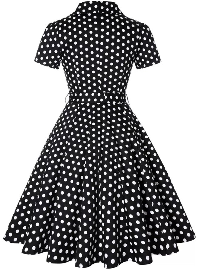 Vintage Svart Polka Dot Pin Up Kjole