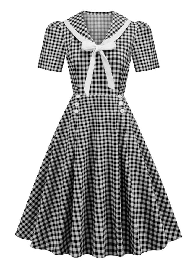 Vintage Pin Up Rutete Kjole Svart