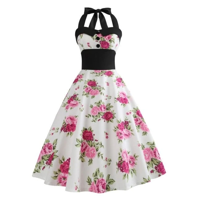 Vintage Hvit Pin-Up Kjole Med Blomster