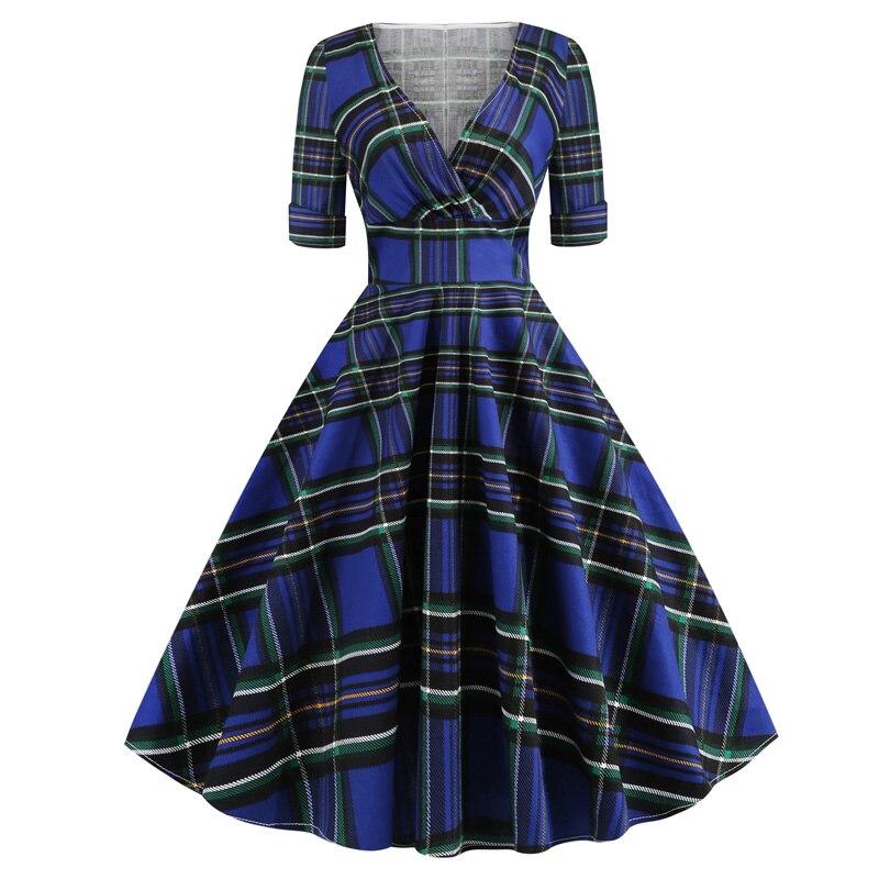 Vintage Rockabilly Kjole 50-Talls Tartan Blue