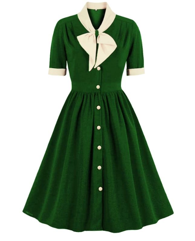 Grønn Høy Midje Vintage Kjole