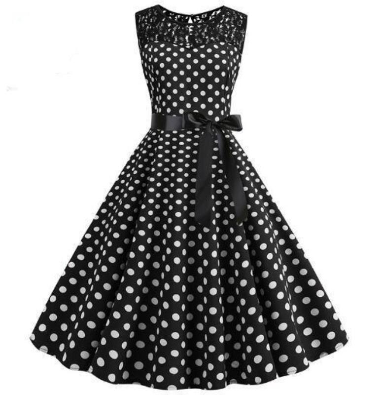 Vintage Svart Blonde Prikkete Kjole